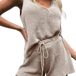 Casual Knit Beige Tank and Shorts Set